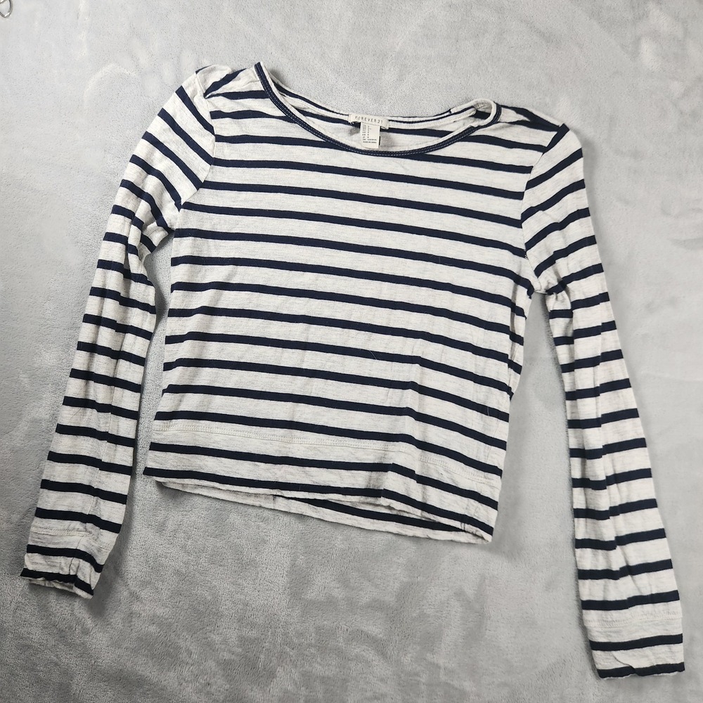 Y2K Vintage Vibe Forever 21 Striped Crop Top Navy Blue Gray Small 90s Aesthetic